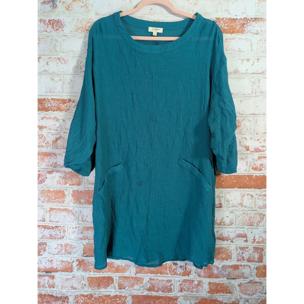 Umgee Tunic Top Women L Teal Blue Textured Gauze Pocket 3/4 Sleeve A1517‎